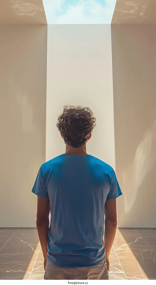 Young man standing with his back turned in a bright room