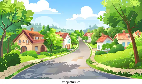Cartoon Illustration of a Winding Road Through a Lush Green Village