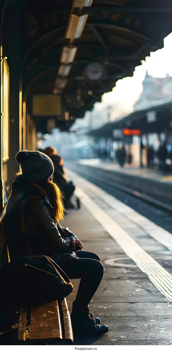 Woman Sitting on a Bench at a Train Station