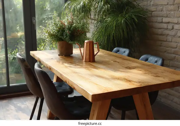 Rustic Wooden Dining Table with Black Chairs