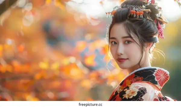Beautiful Woman in Traditional Japanese Kimono and Hair Ornament Posing in Front of Autumn Leaves