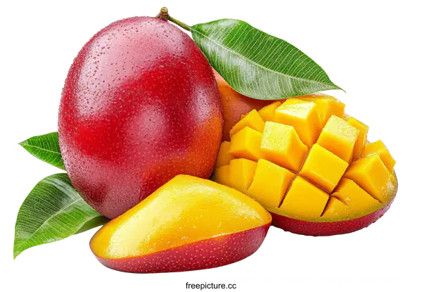 [Transparent Background PNG]Fresh Ripe Mangoes with Leaves and Slices