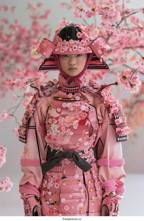 Asian Woman in a Pink Samurai Armor with Cherry Blossoms
