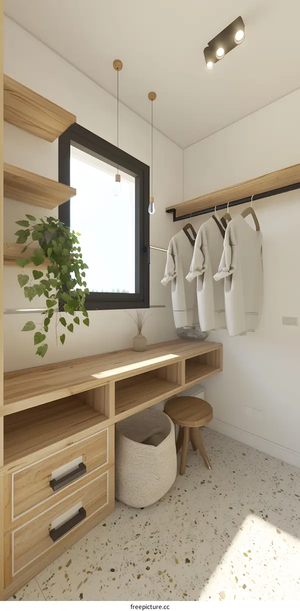 Modern Minimalist Laundry Room Interior Design with Wooden Shelves and Hanging Clothes