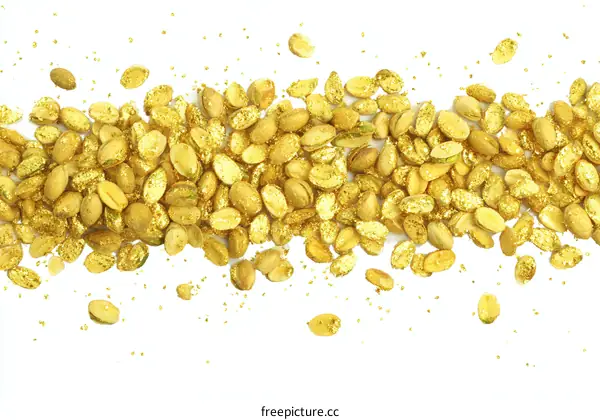 Golden Pistachios Scattered on White Background