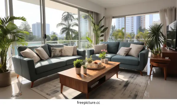Airy living room with large windows and a view of the city