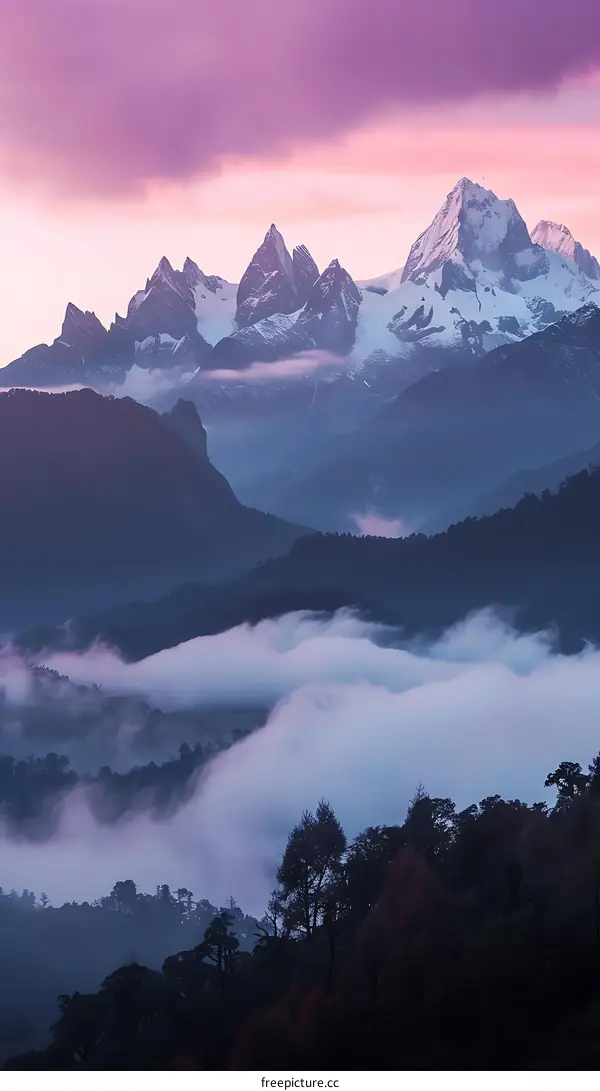 Misty Mountain Landscape with Pink Sky