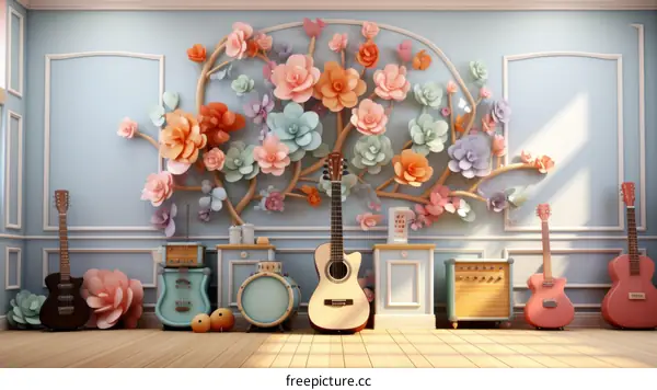 A variety of musical instruments in a room with a floral wall