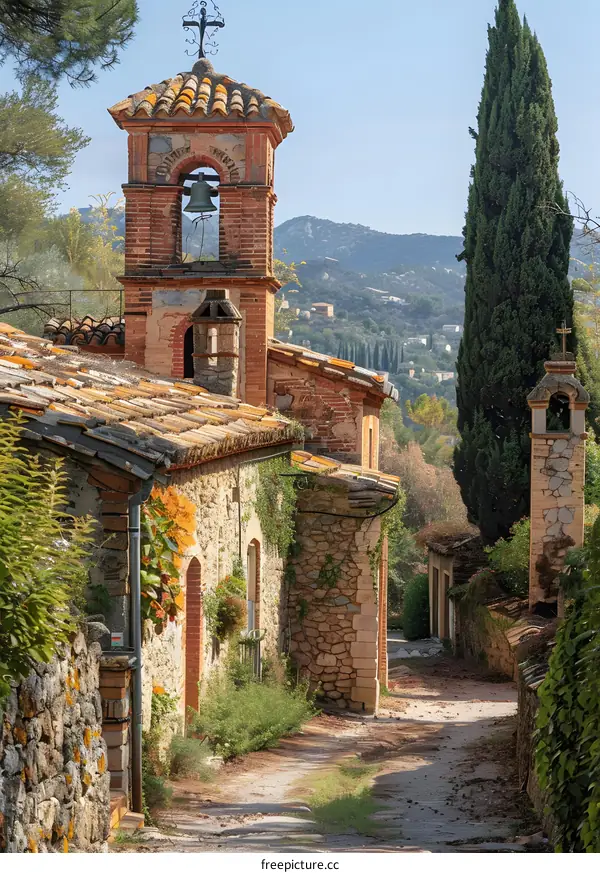 A charming village church with a bell tower surrounded by trees and mountains in the background