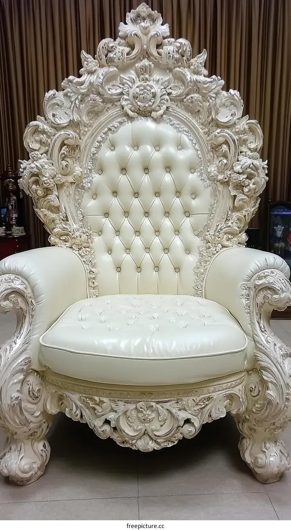 Ornate Baroque Style Cream Leather Armchair