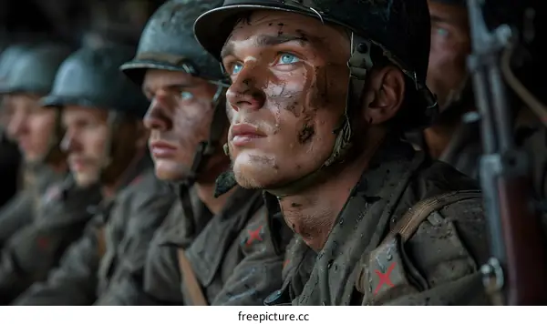 A group of young soldiers in military uniform looking into the distance