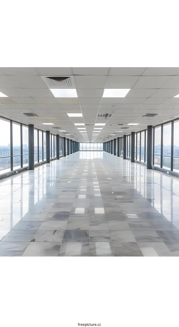 Empty Office Space With Large Windows and Tiled Floor