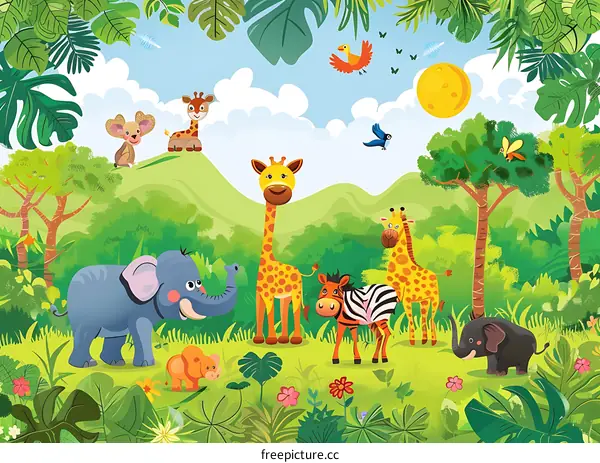 Cute Cartoon Animals In A Tropical Jungle