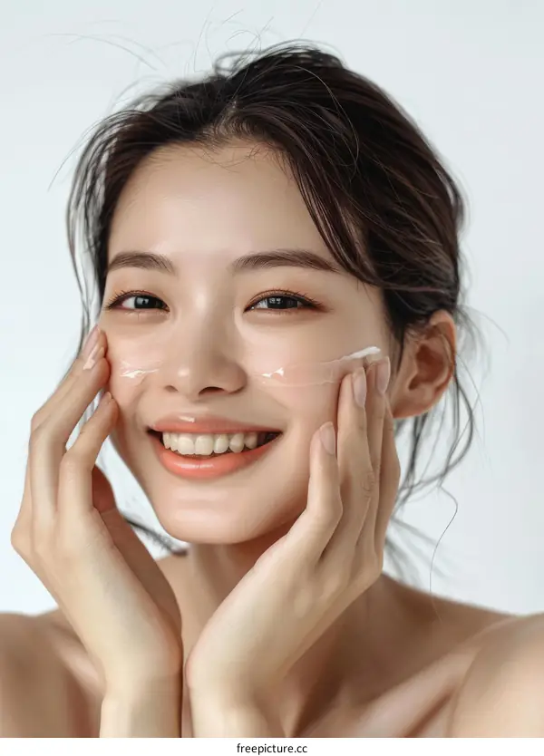 Asian woman applying moisturizer to her face