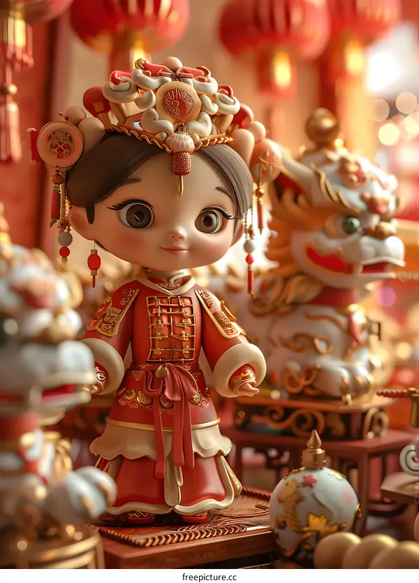 A cute little girl doll in a red cheongsam