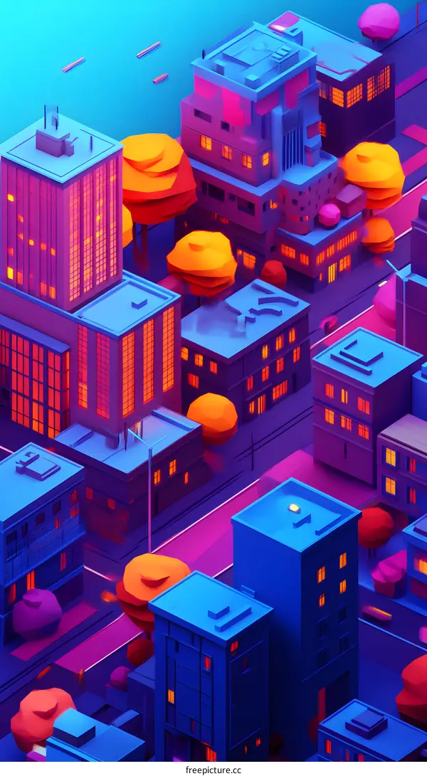 Neon Cityscape, Low Poly Buildings in a Futuristic Urban Scene