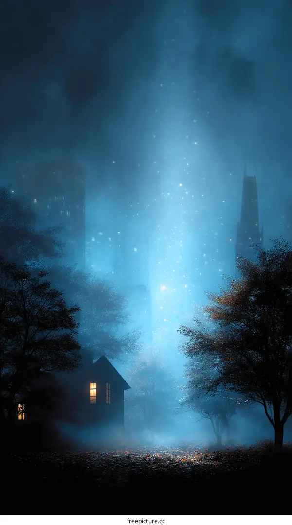 Mysterious Night Foggy Woods with House