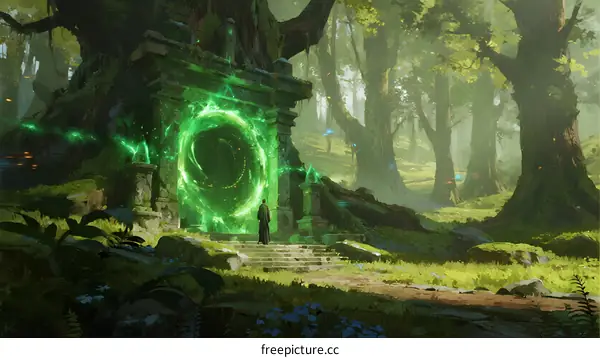 Mysterious Green Portal in Ancient Enchanted Forest