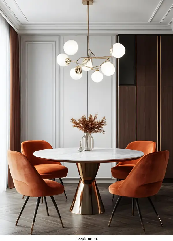 Modern Interior Design Dining Room with Round Table and Velvet Chairs