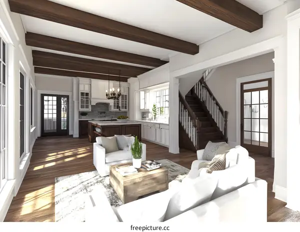 Modern Farmhouse Living Room Interior Design with Exposed Wooden Beams