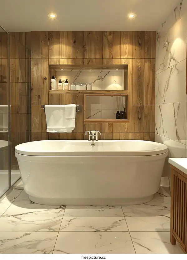 Modern Bathroom Design With Freestanding Tub And Wooden Wall