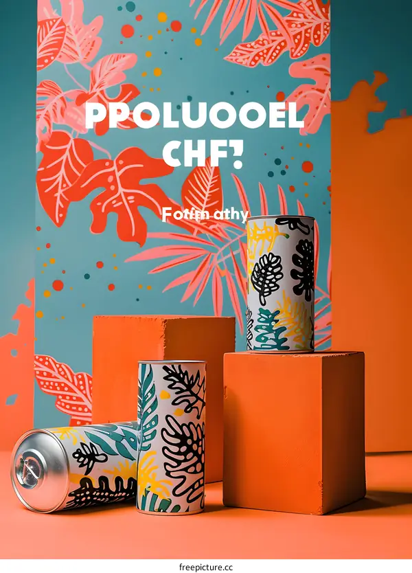 Cans with Tropical Leaf Pattern on Orange Background