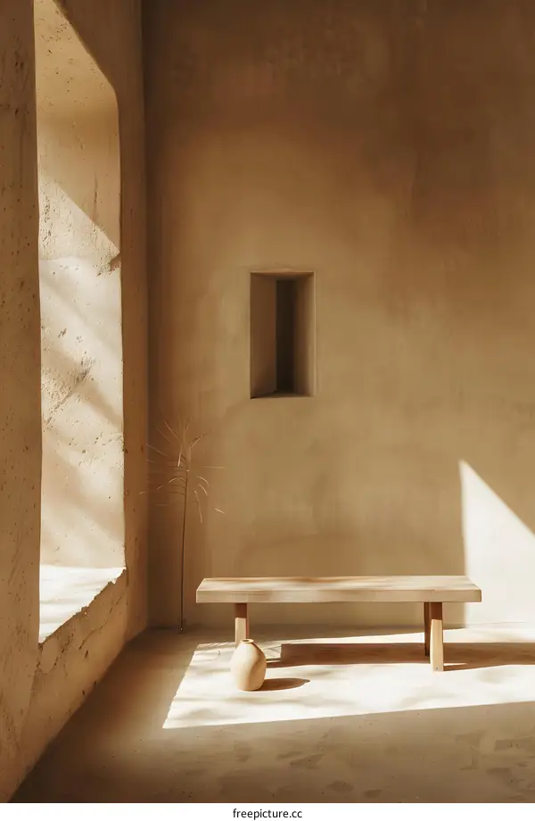 Minimalist Interior Design with Wooden Bench and Clay Vase
