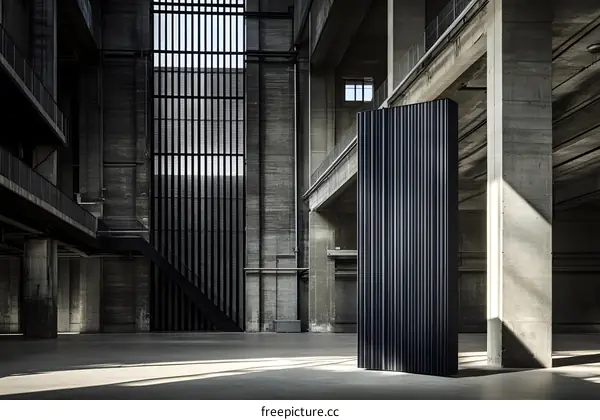 Concrete Industrial Building Interior With Black Panels