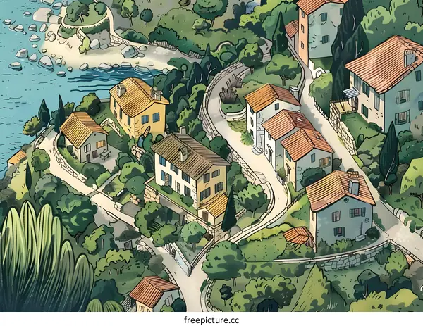 Coastal Town Illustration with Houses and Winding Road
