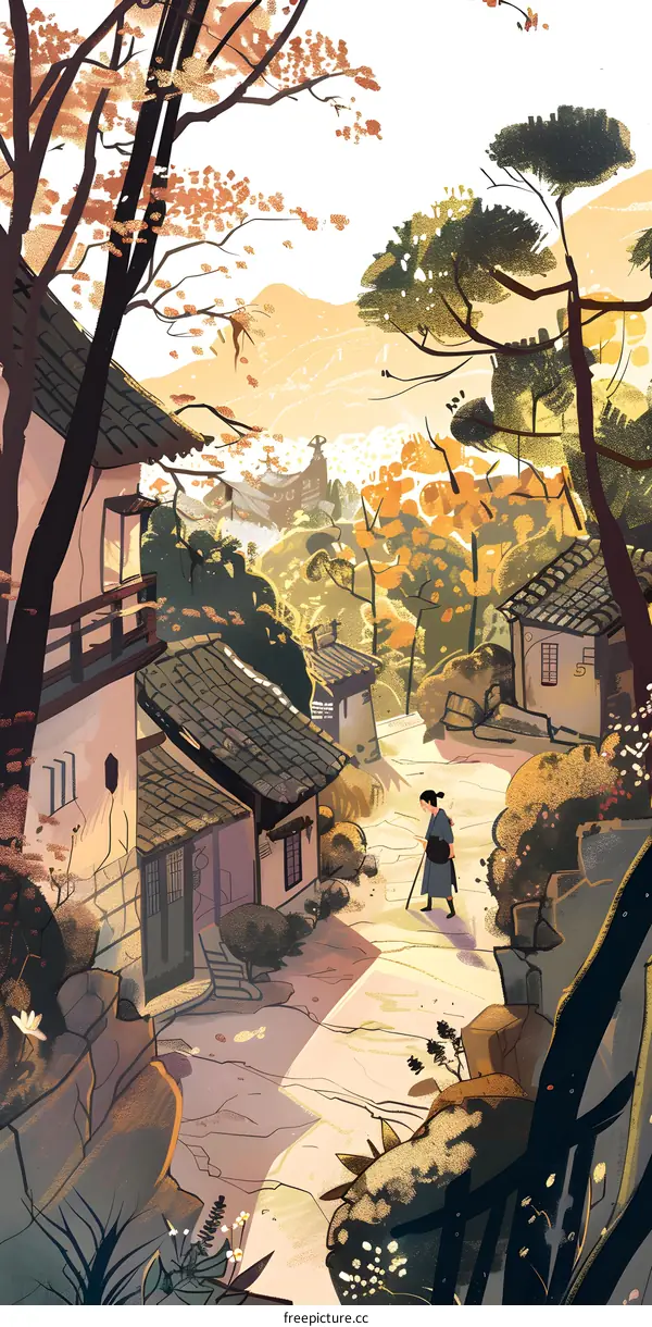 Peaceful Asian Village Illustration with Woman Walking