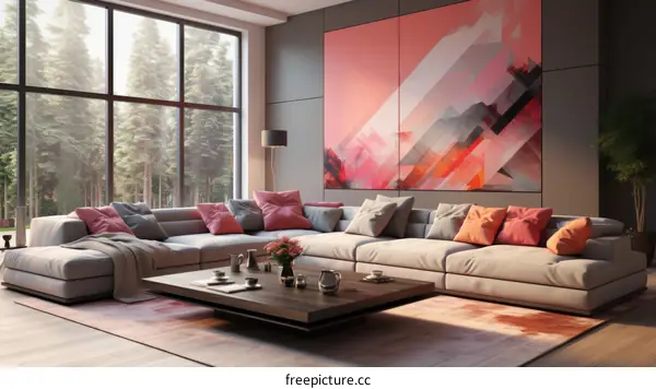 Modern Living Room with Large Windows and Abstract Art