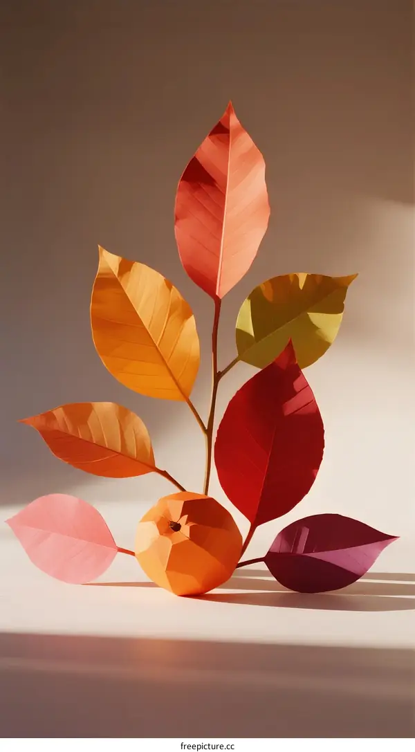 Colorful Paper Craft Leaves and Fruit Arrangement on White Background