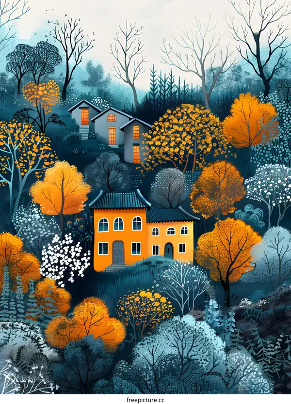 Colorful Houses in Forest Illustration
