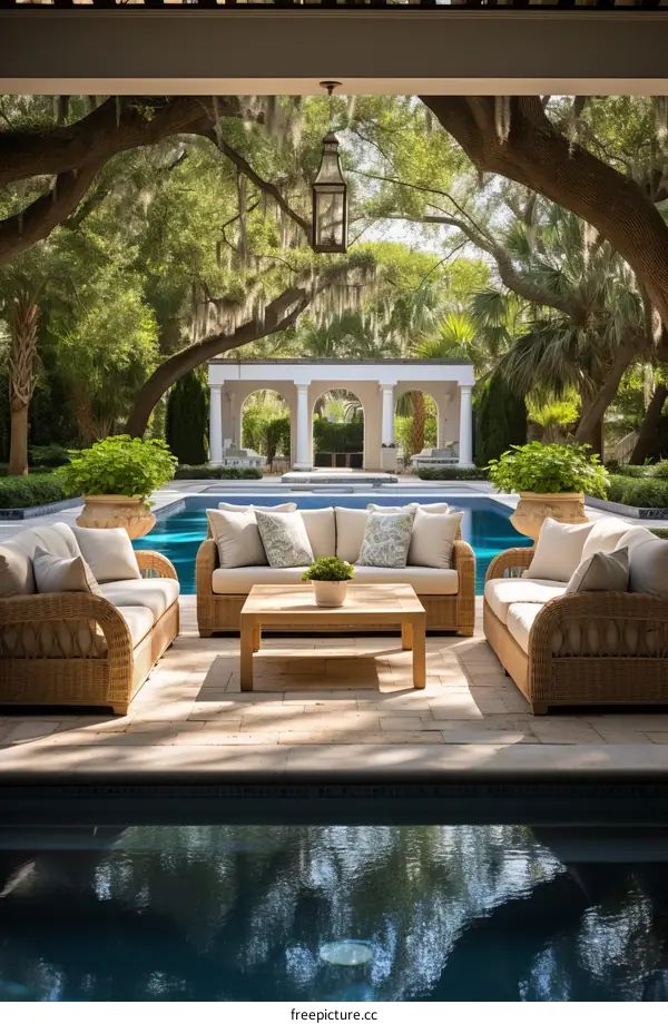 An outdoor living space with a pool, surrounded by trees and greenery