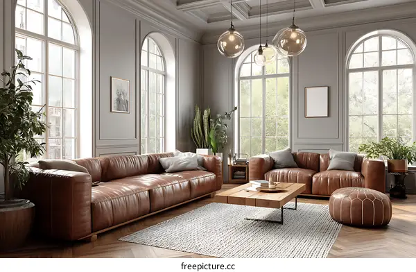 Elegant Living Room with Leather Furniture and Large Windows