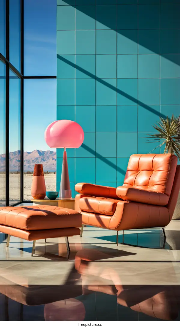 Retro Futuristic Living Room Decor with Colorful Accents and Sleek Lines