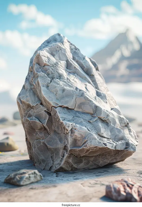 Boulder on the Beach with Mountain Range in Background