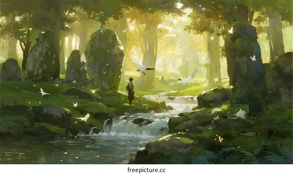 A Serene Forest Stream with Flowing Water and Flying Birds