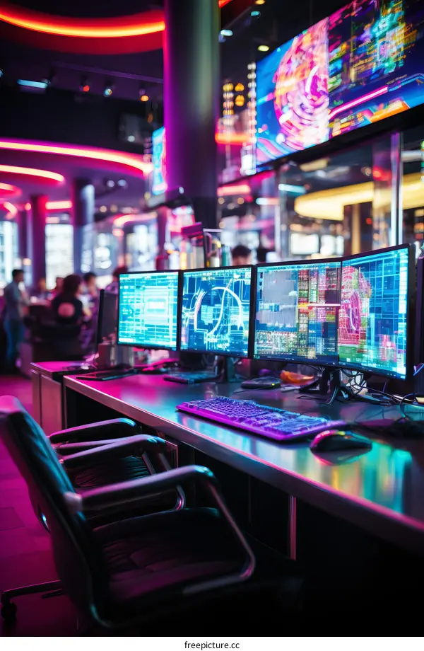 Futuristic empty call center with multiple computer monitors
