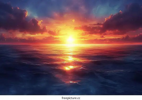 Tranquil evening seascape with setting sun and vibrant clouds