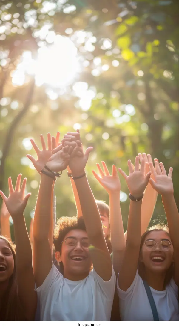 Group of diverse teenagers raising their hands in the air outside