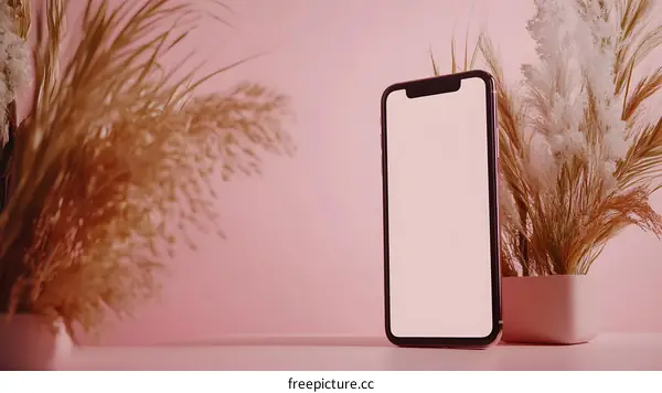 White Screen Smartphone Mockup on Pink Background with Pampas Grass