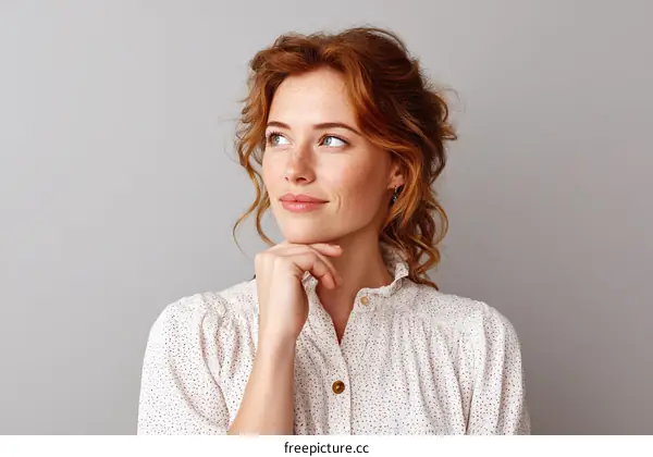 Thoughtful Woman Portrait on Gray Background