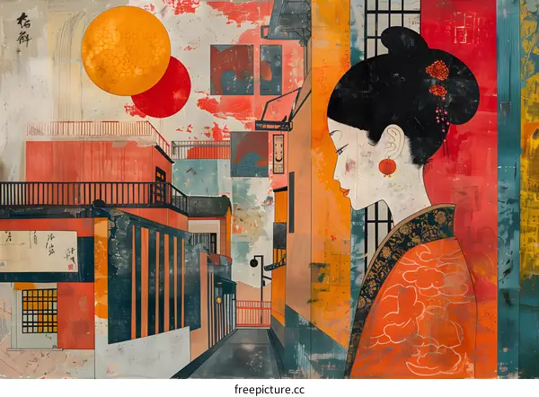 Woman in Red Kimono Looking at Chinese Architecture