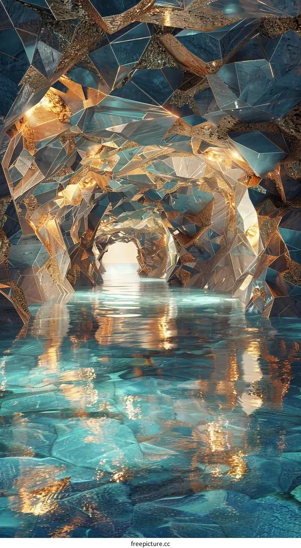 Crystals and Water Reflecting in a Surreal Cave