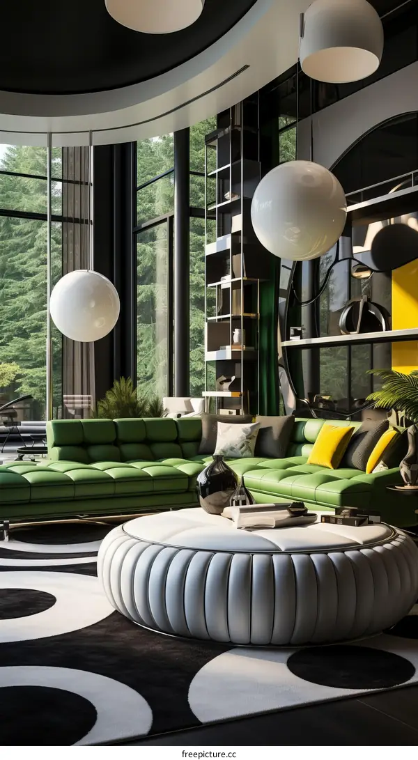 Modern living room interior design with green leather sofa and white round coffee table