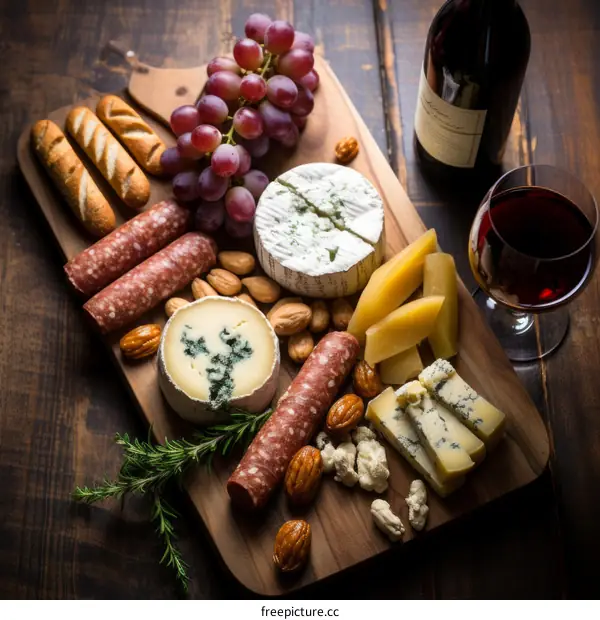 A wooden board with a variety of cheeses, grapes, almonds, and bread