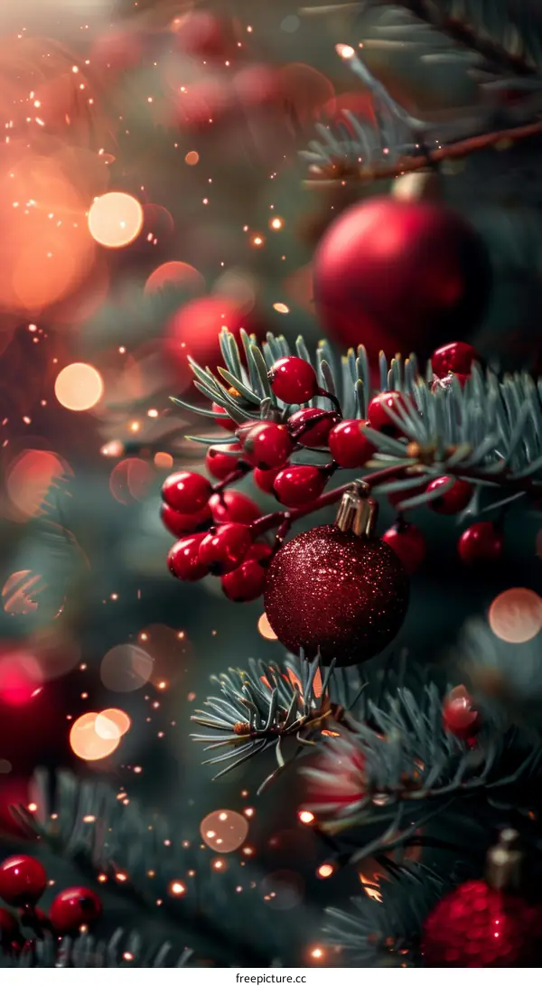 Red Ornament Christmas Tree with Holly Berries