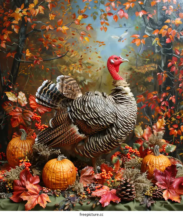 Thanksgiving Turkey with Autumn Leaves and Pumpkins