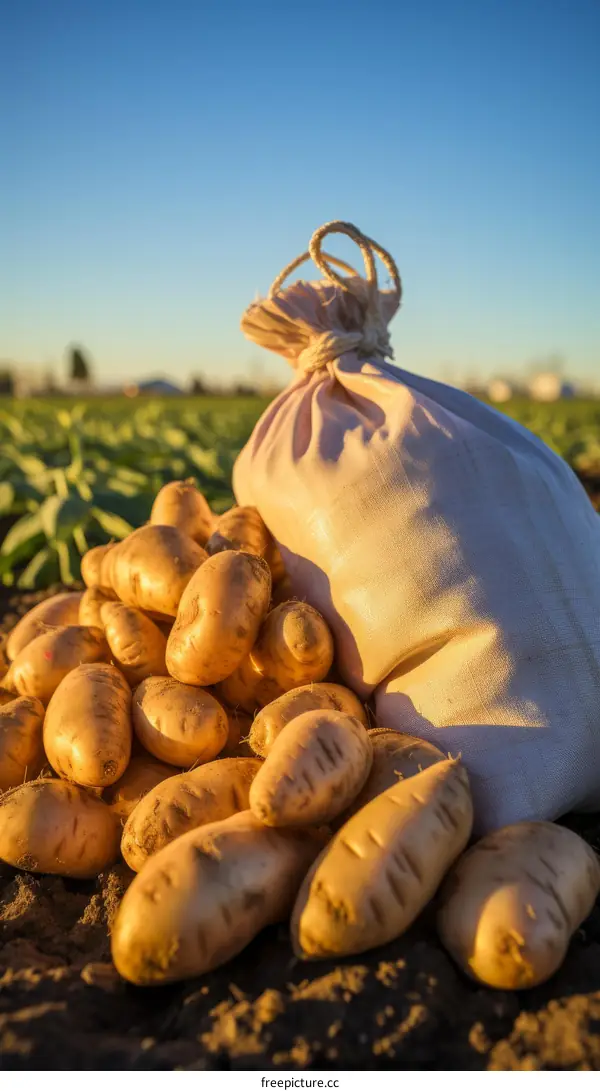 A burlap sack full of freshly harvested potatoes sits in a field at sunset.
